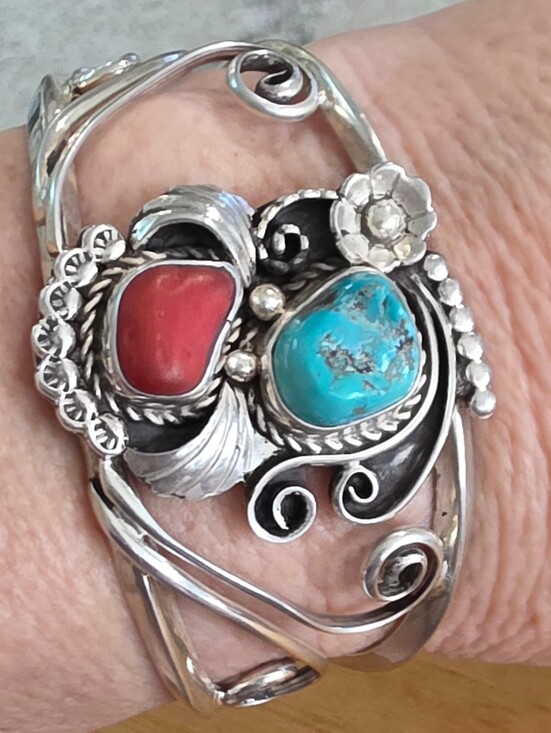 D&J CLARK Jewelry - D & J CLARK DESIGNER NAVAJO TURQUOISE AND CORAL STERLING VINTAGE CUFF BRACELET